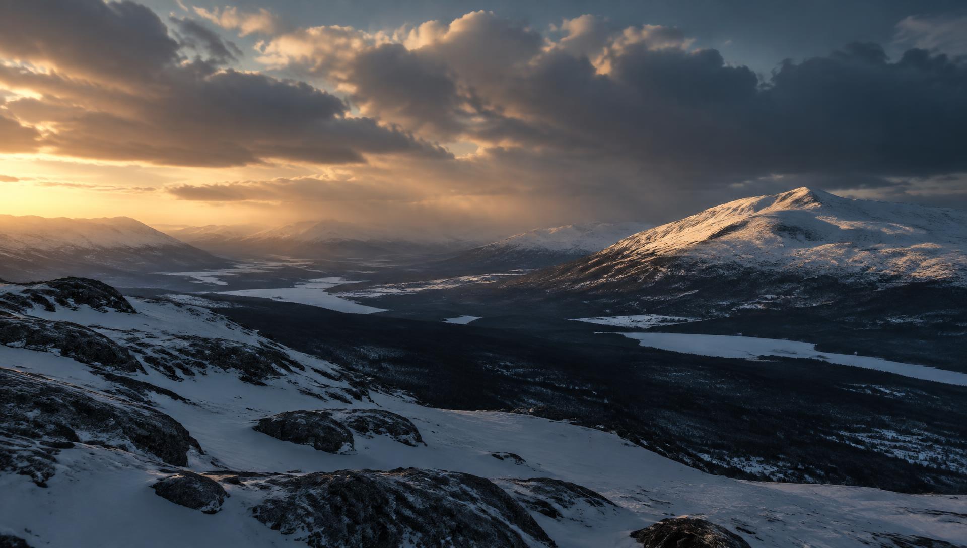 Västsluttning i svenska fjällen med väder som drar in över dalen